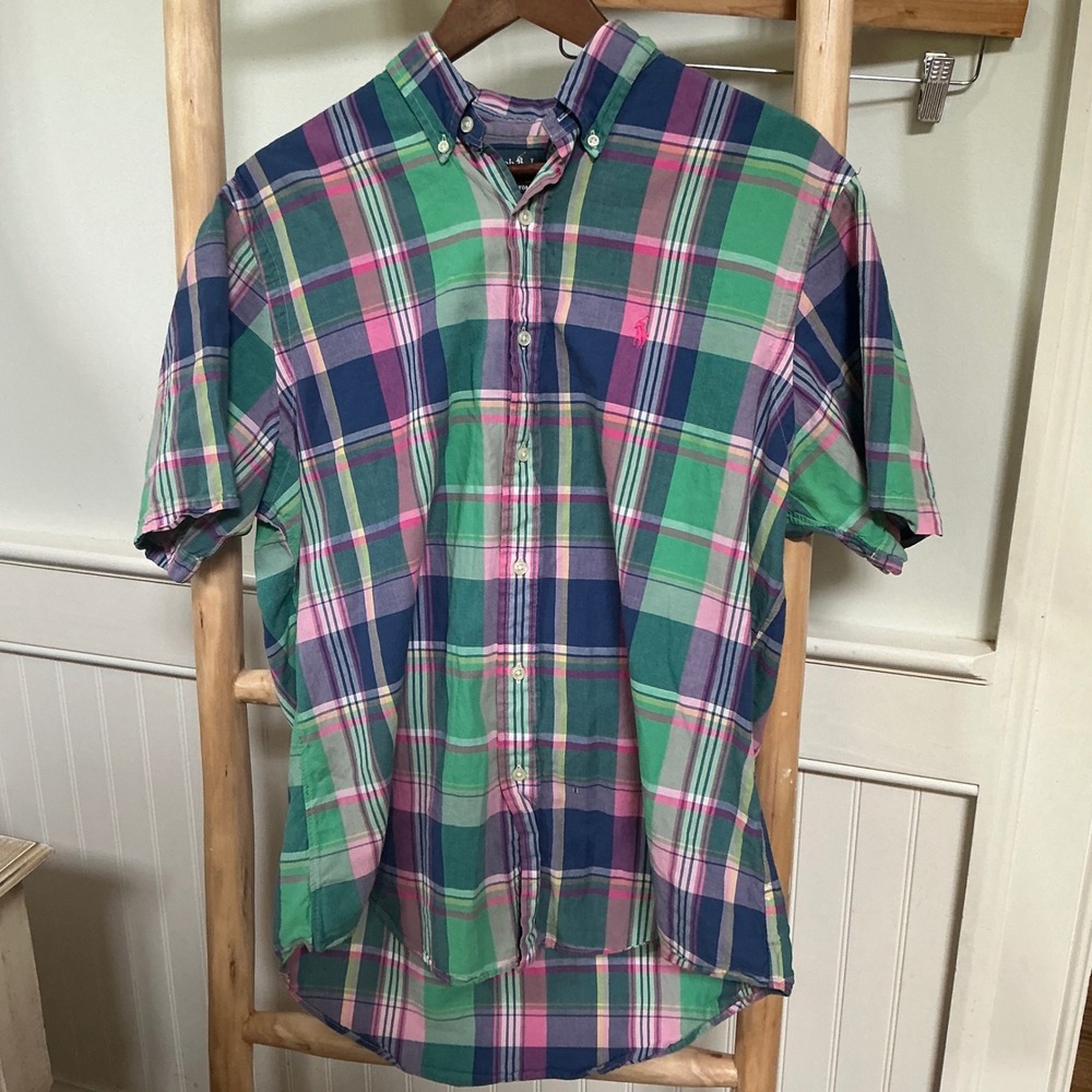 Ralph Lauren Mens Custom Fit Plaid Button Down Shirt Green Pink Blue Large